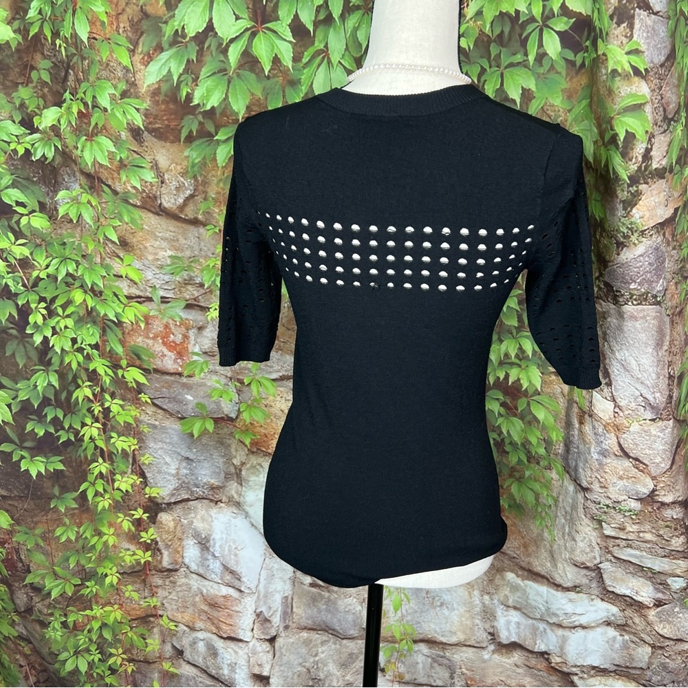 AUTUMN CASHMERE Black Pointelle Short Sleeve Sweater, S - Picture 6 of 10